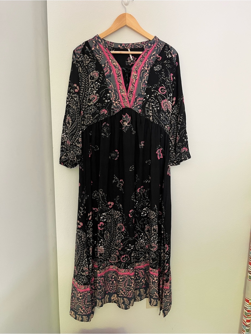 Free People Black Maxi Dress with Pink Floral Trim